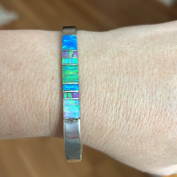Vintage Mexico Silver Various Genuine Opals Bangle Bracelet - Picture 8 of 15